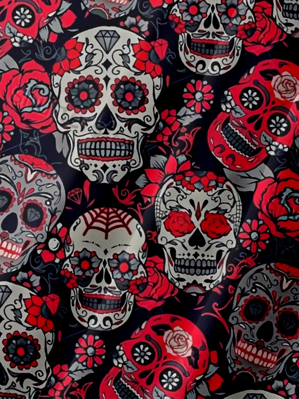 Moisture-Wicking Day Of The Dead Floral Skull Chest Pocket Hawaiian Shirt