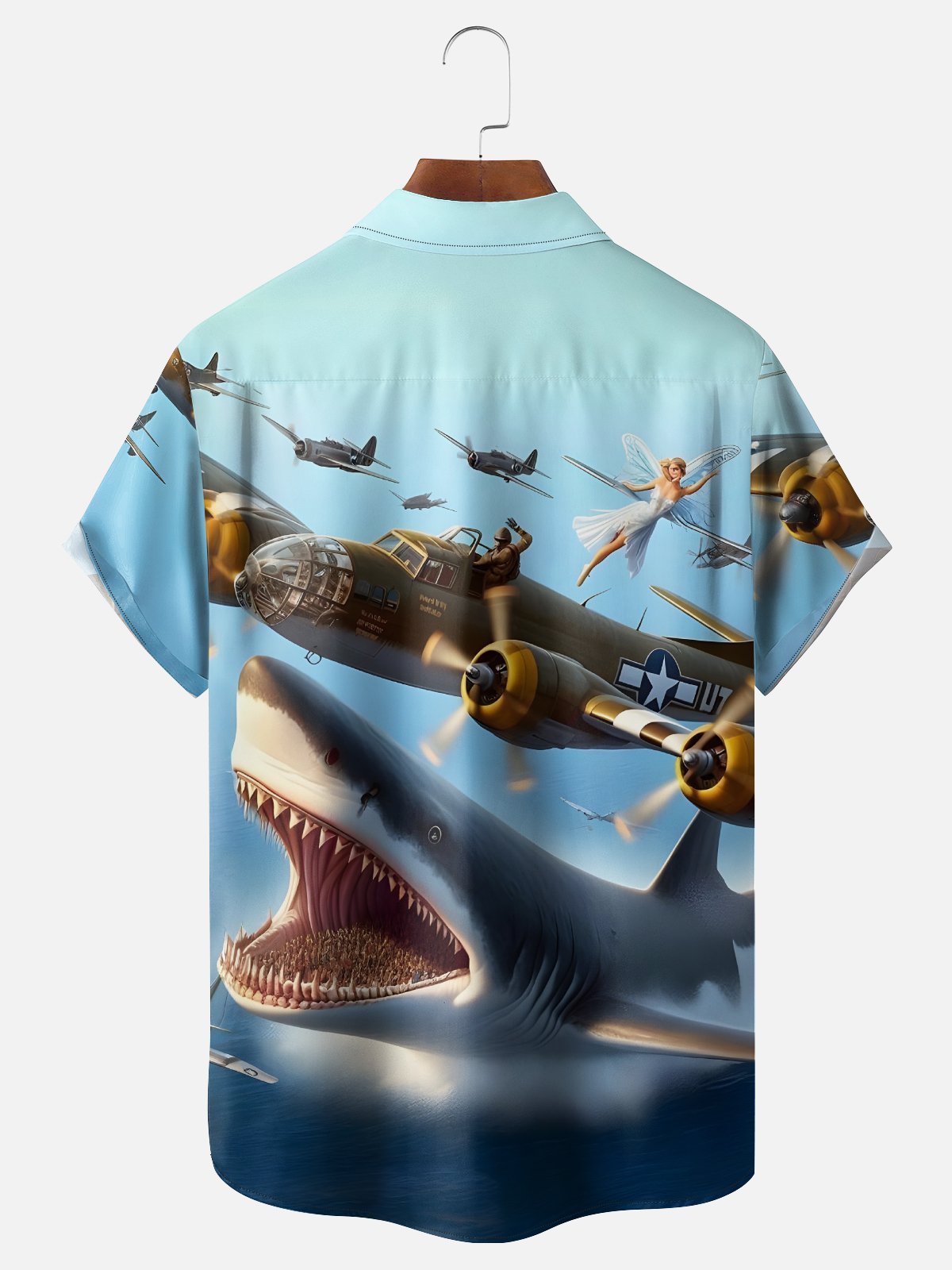 Moisture-Wicking B-17 Flying Fortress Bomber Shark Chest Pocket Hawaiian Shirt