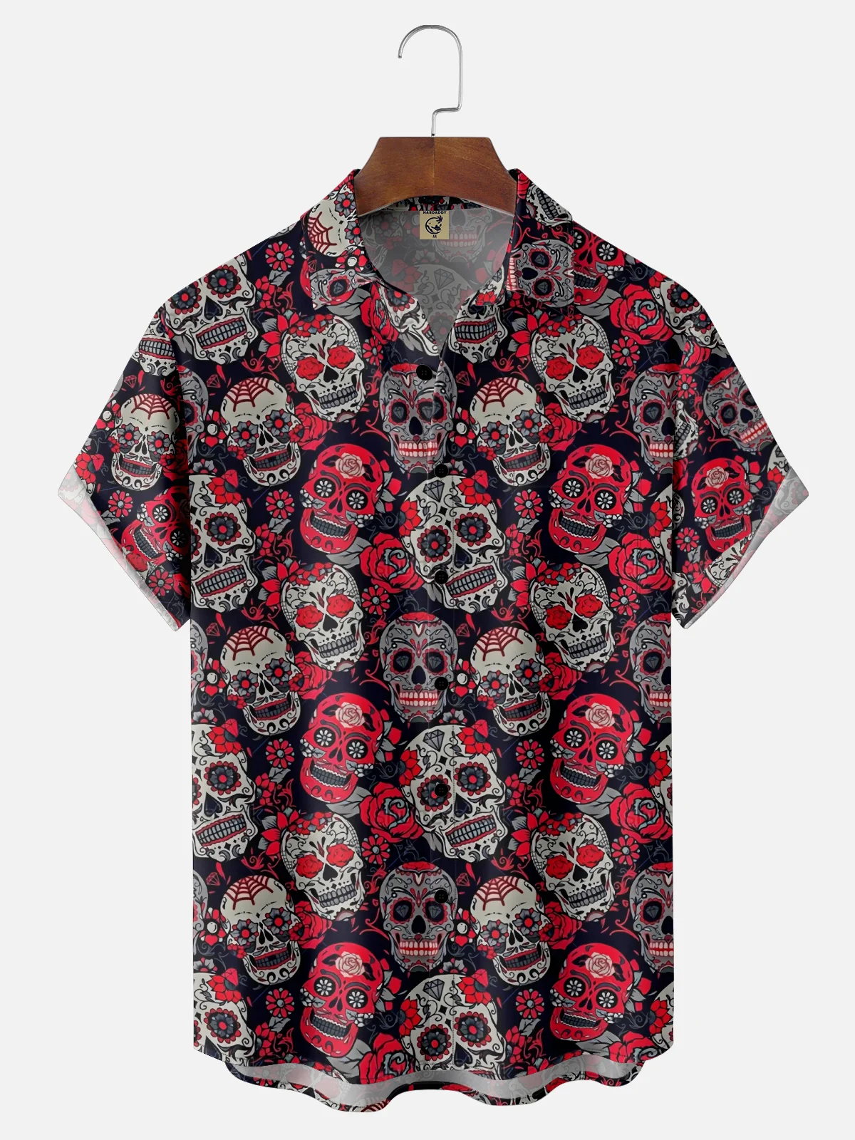 Moisture-Wicking Day Of The Dead Floral Skull Chest Pocket Hawaiian Shirt