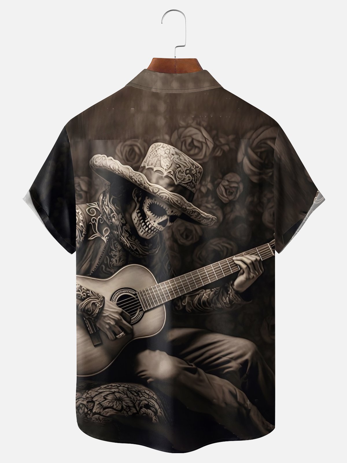 Moisture-wicking Day of the Dead Skull Guitar Fun Chest Pocket Casual Shirt