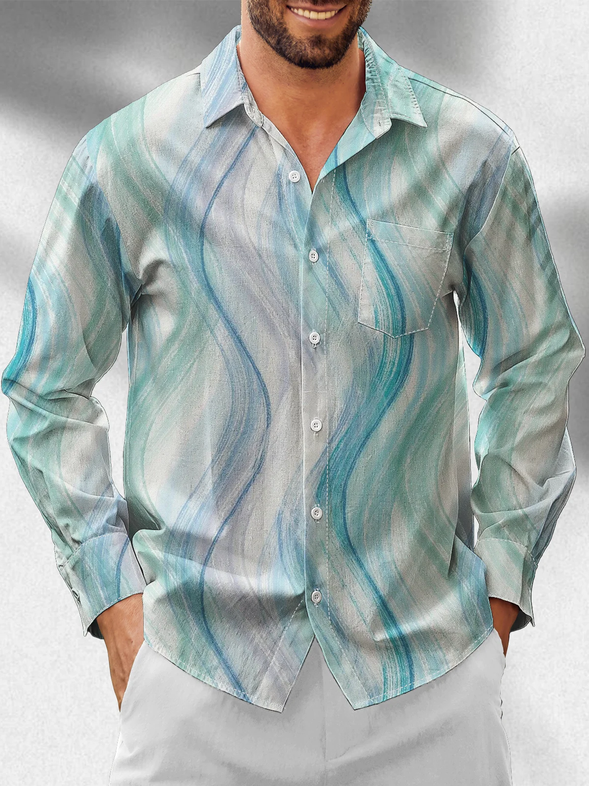 Moisture Wicking Geometric Gradient Chest Pocket Long Sleeved Hawaiian Shirt