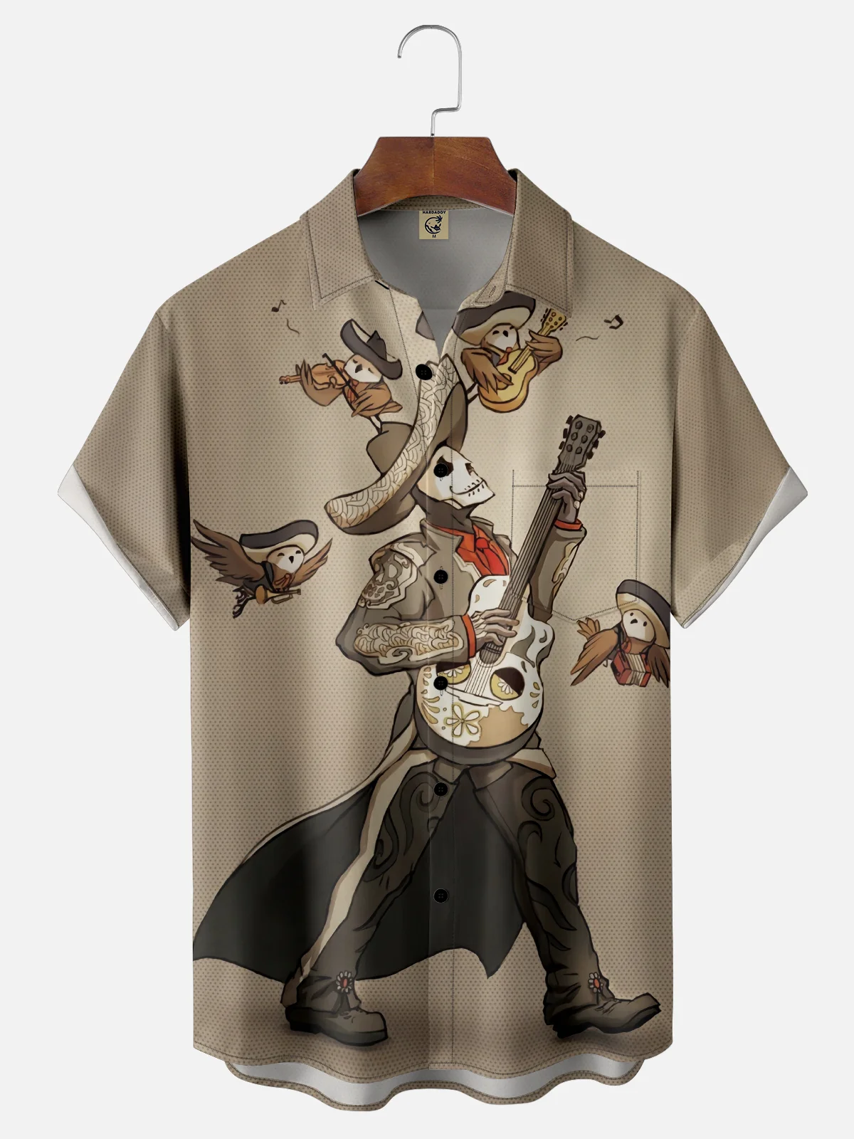 Moisture-Wicking Mexican Day of The Dead Skull Guitar Chest Pocket Hawaiian Shirt