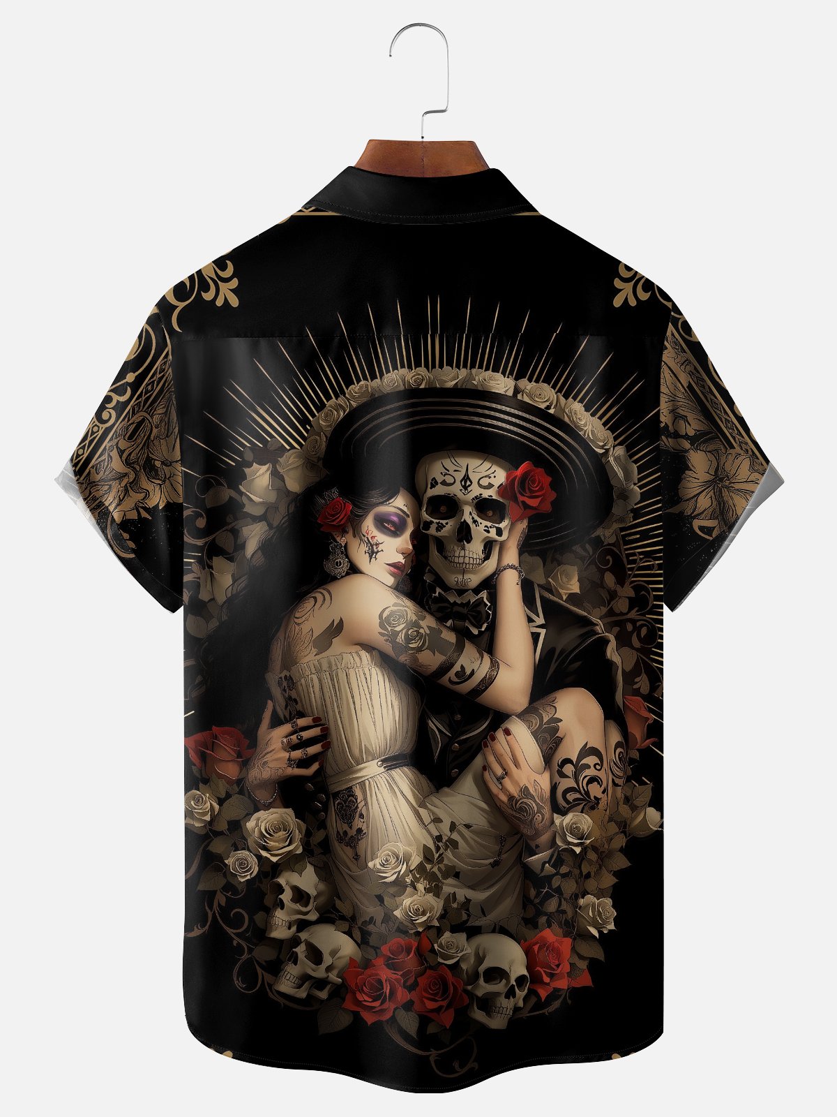 Moisture-wicking Day of the Dead Skull Rose Chest Pocket Casual Shirt