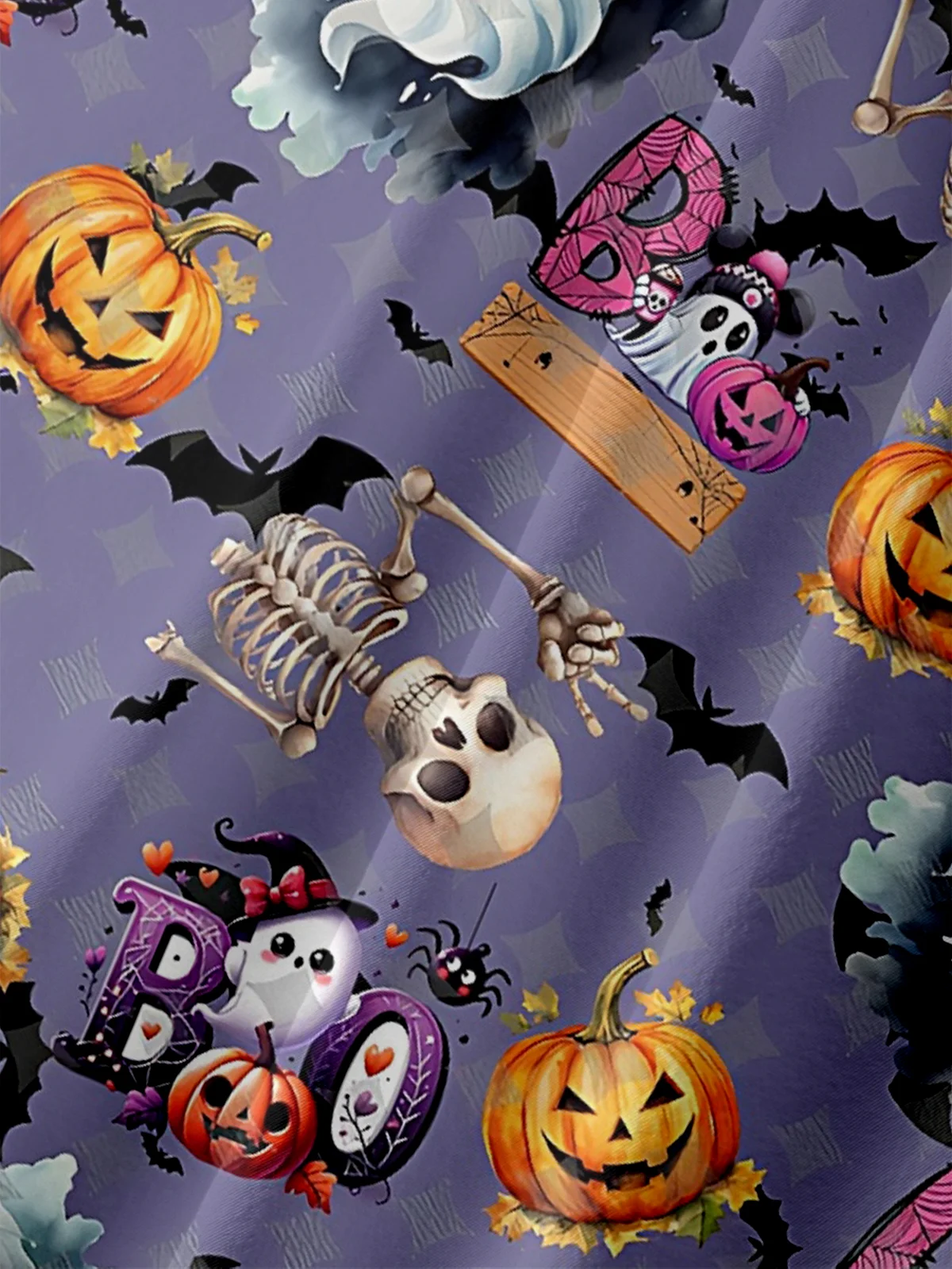 Moisture-Wicking Halloween Pumpkin Ghost Skull Chest Pocket Hawaiian Shirt