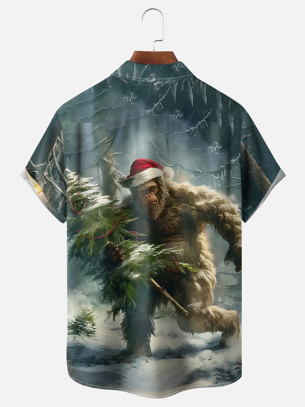 Moisture-Wicking Christmas Bigfoot Throwing Christmas Tree Chest Pocket Hawaiian Shirt