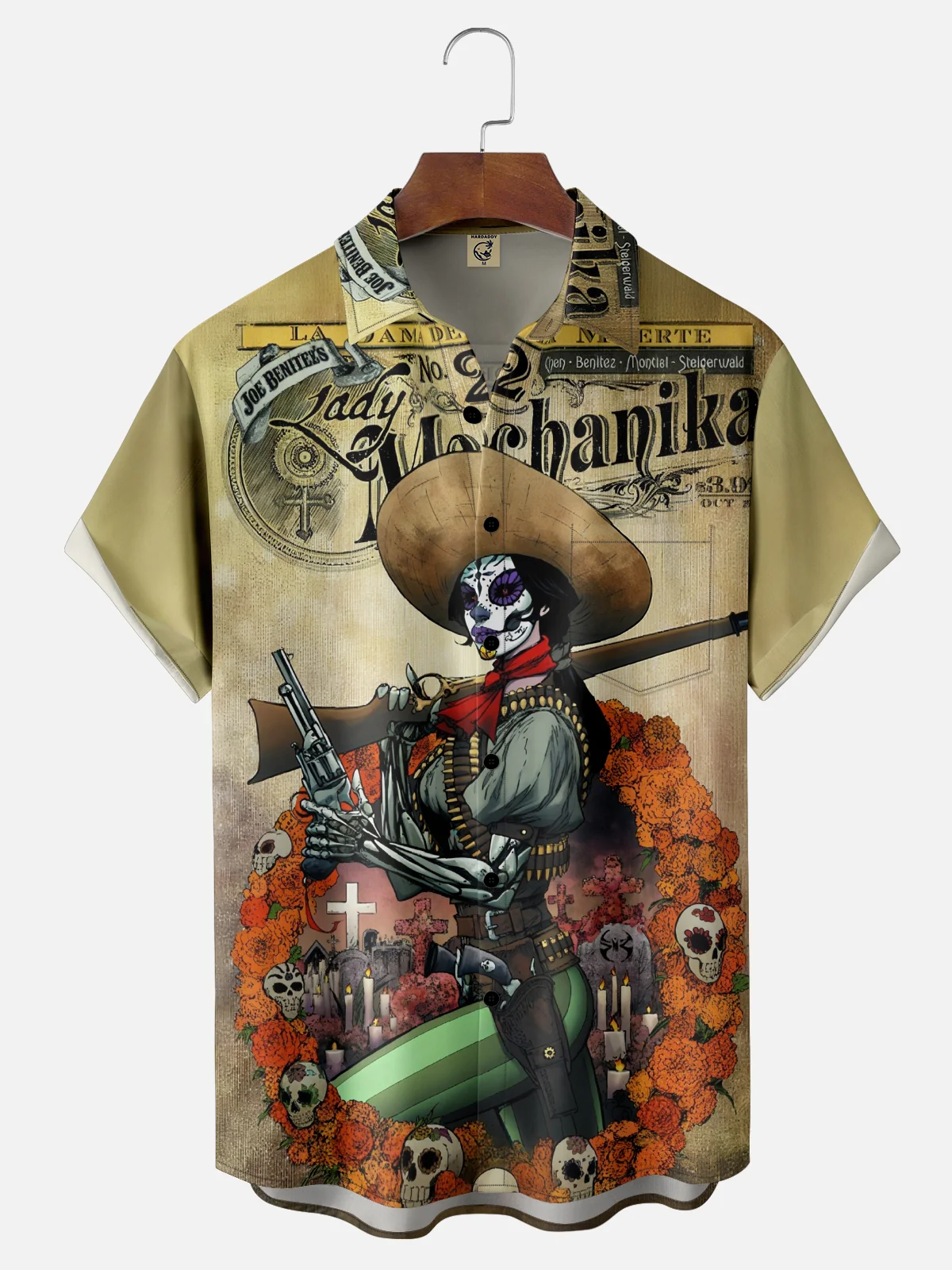 Moisture-Wicking Day Of The Dead Skull Women's Mexican Pattern Chest Pocket Hawaiian Shirt