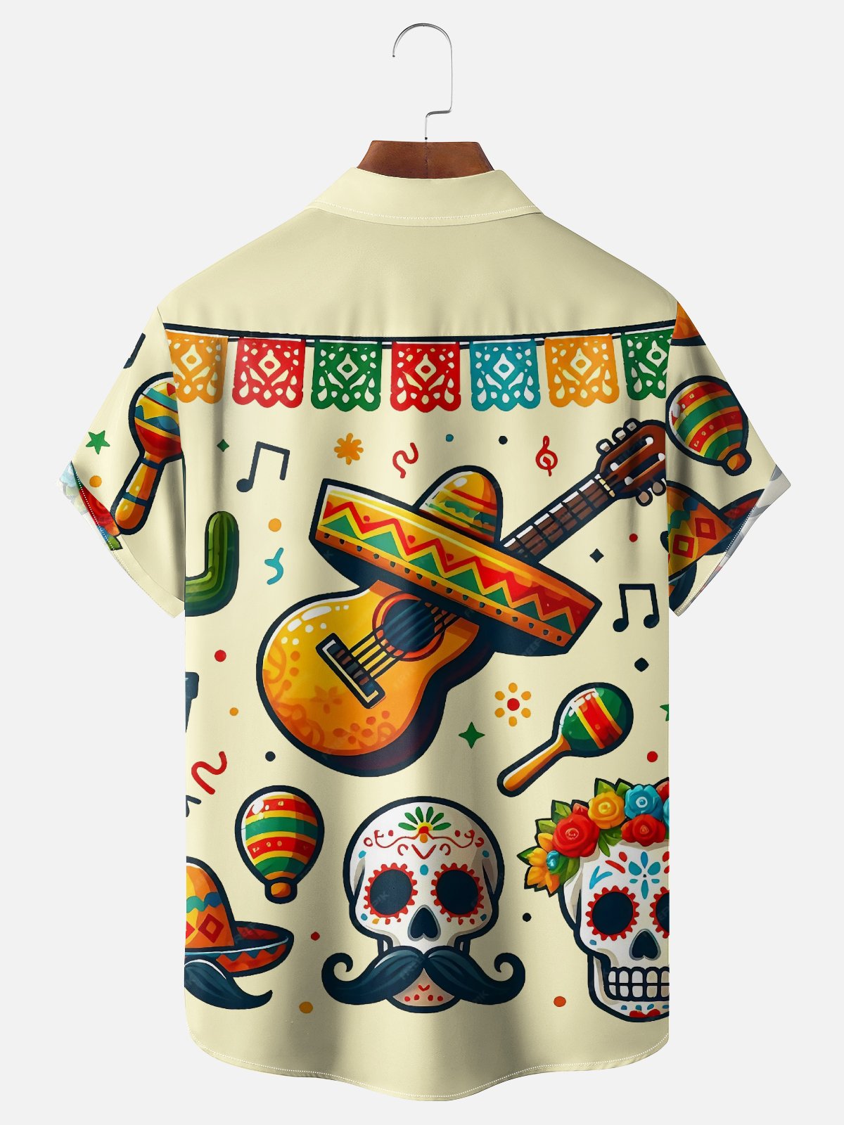 Moisture-Wicking Mexican Day of The Dead Skull Guitar Chest Pocket Hawaiian Shirt