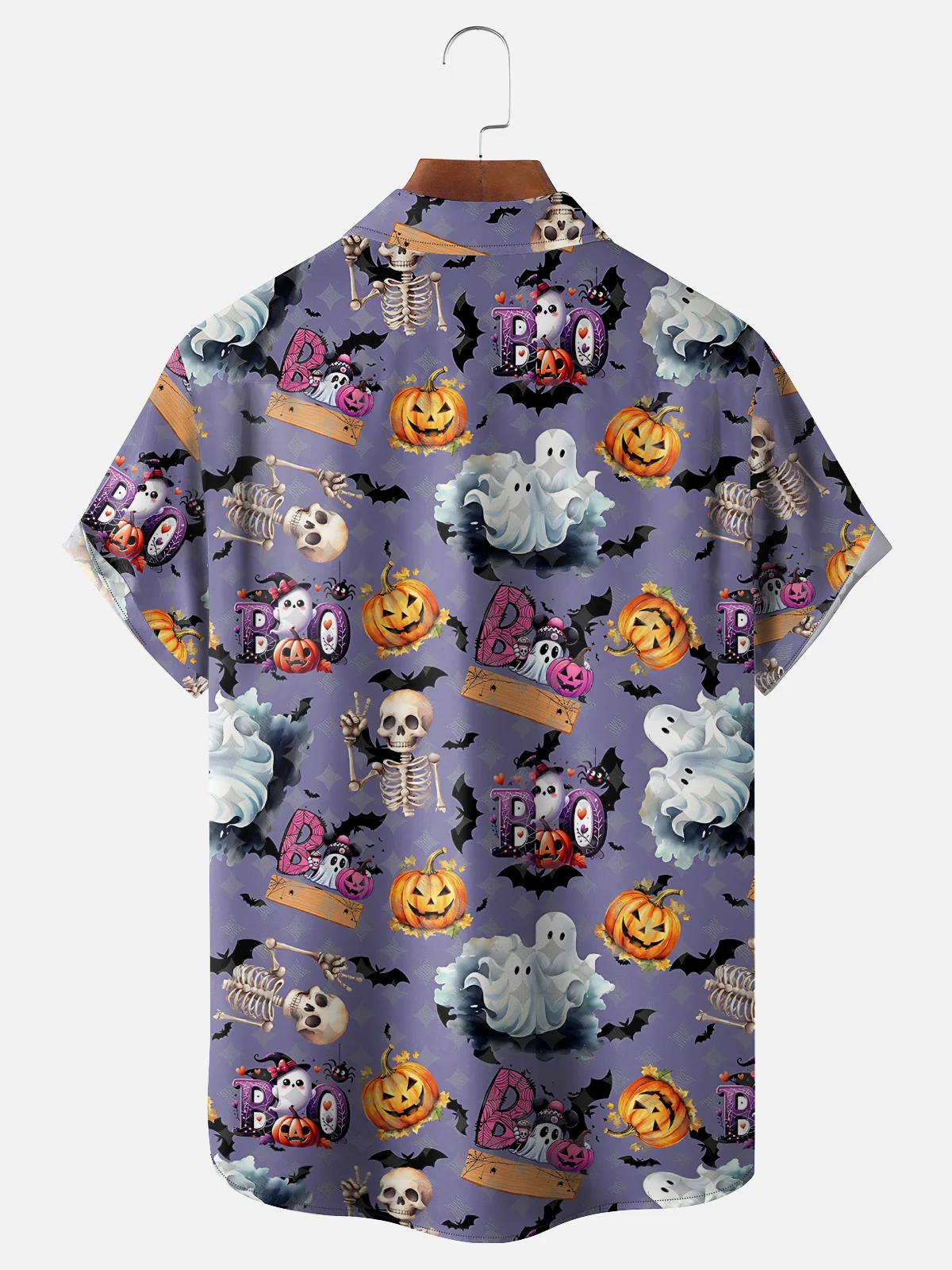 Moisture-Wicking Halloween Pumpkin Ghost Skull Chest Pocket Hawaiian Shirt