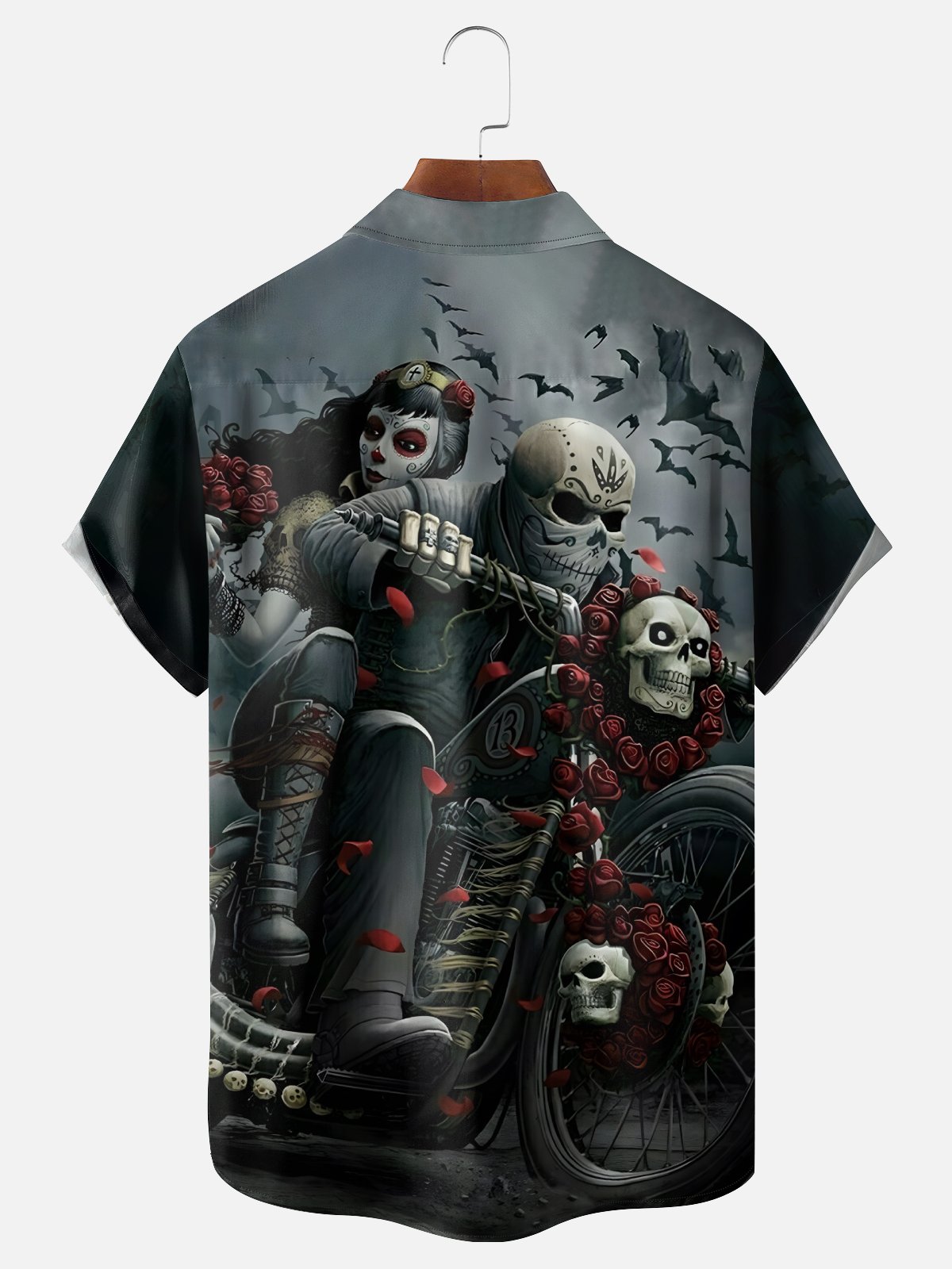 Moisture-Wicking Day of The Dead Skeleton Knight Chest Pocket Hawaiian Shirt