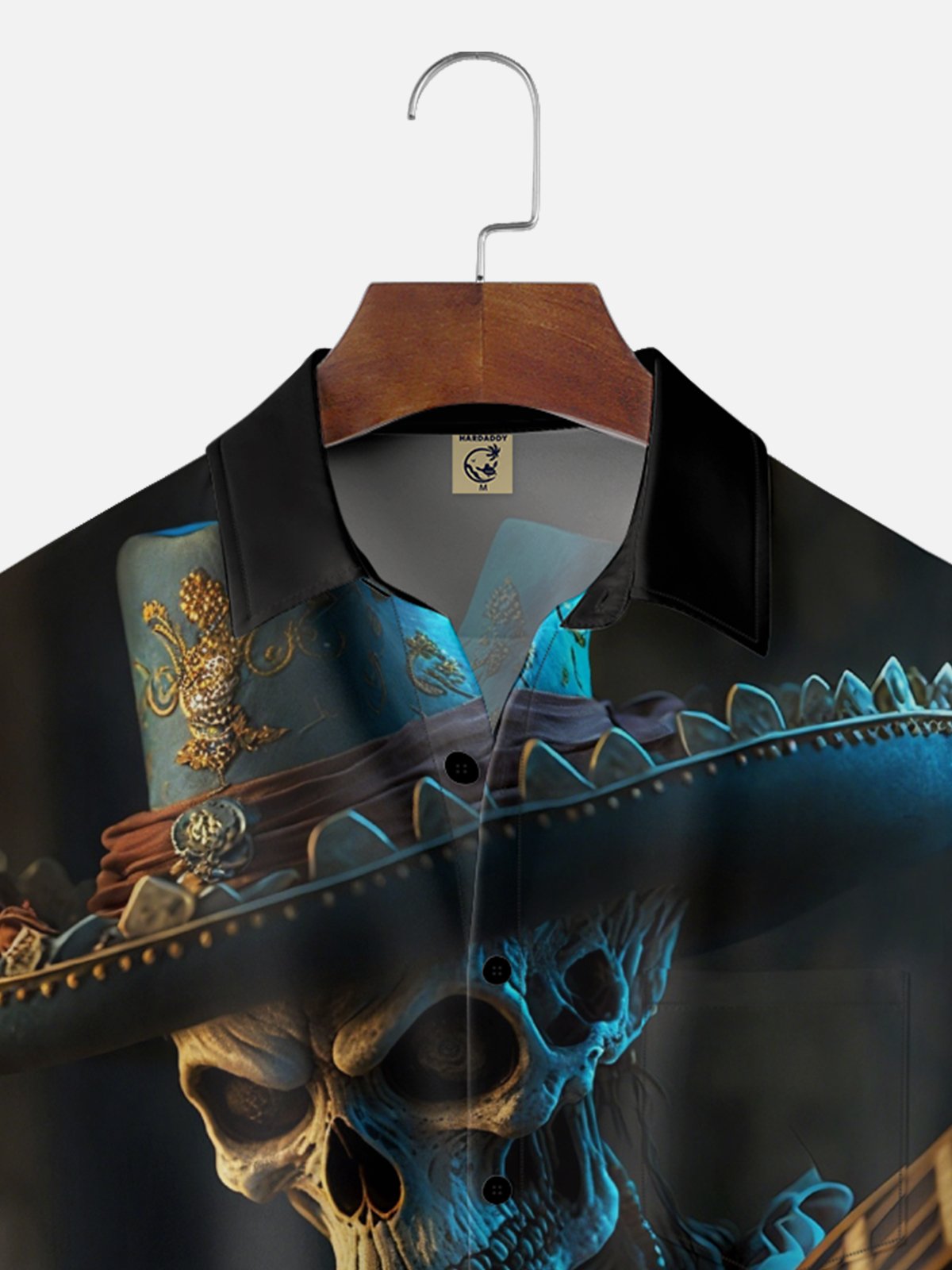Moisture-Wicking Mexican Day of The Dead Skull Guitar Chest Pocket Hawaiian Shirt