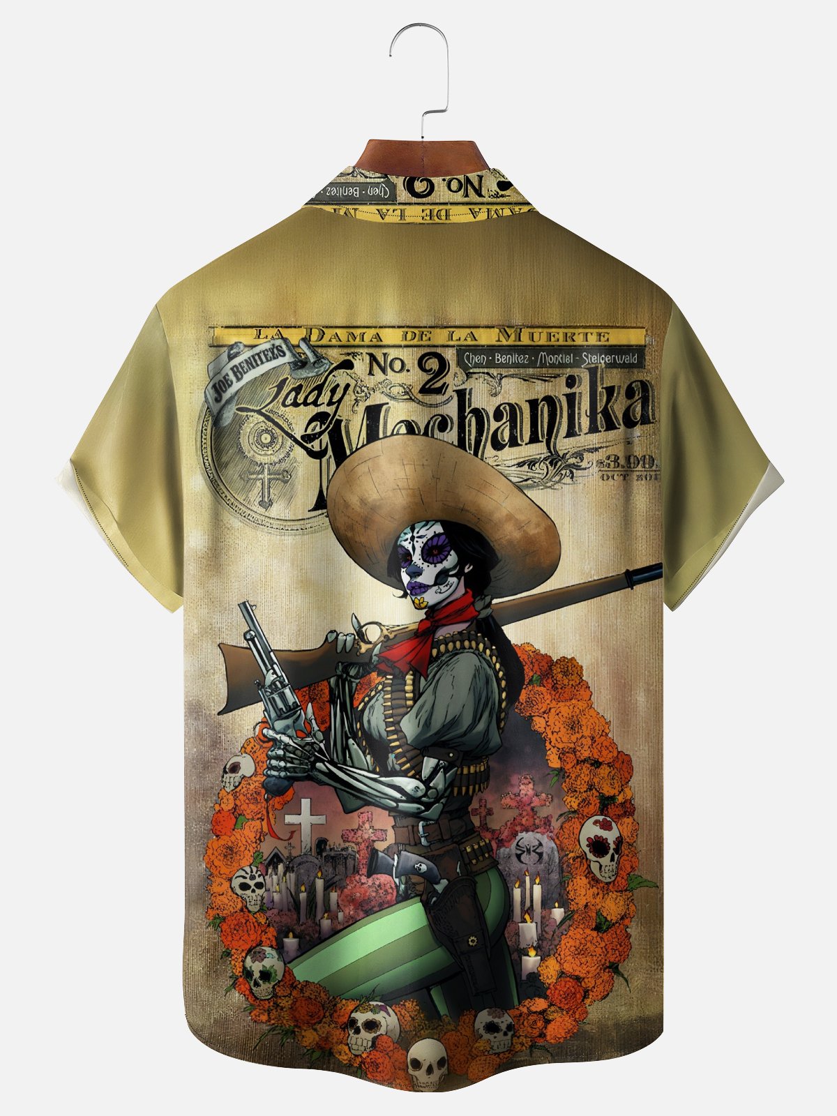Moisture-Wicking Day Of The Dead Skull Women's Mexican Pattern Chest Pocket Hawaiian Shirt