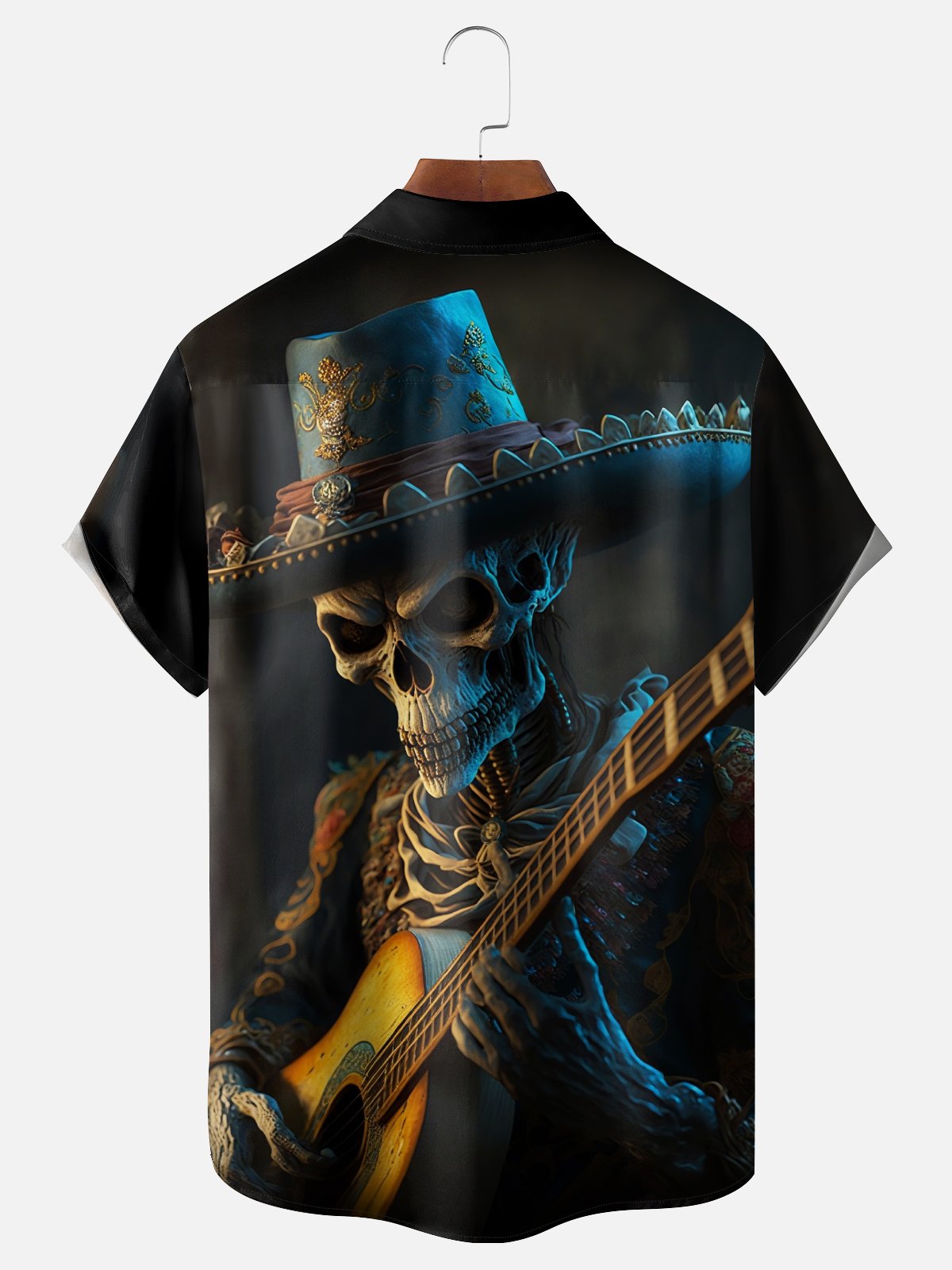 Moisture-Wicking Mexican Day of The Dead Skull Guitar Chest Pocket Hawaiian Shirt