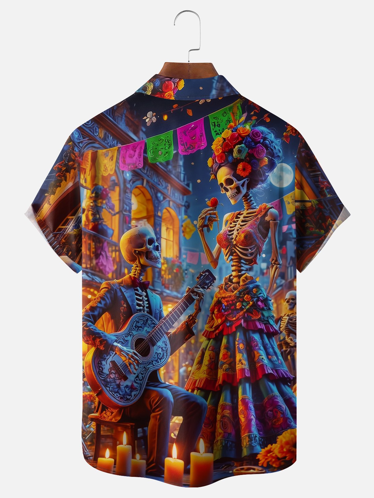 Moisture-wicking Day of the Dead Skeleton Guitar Music Chest Pocket Casual Shirt