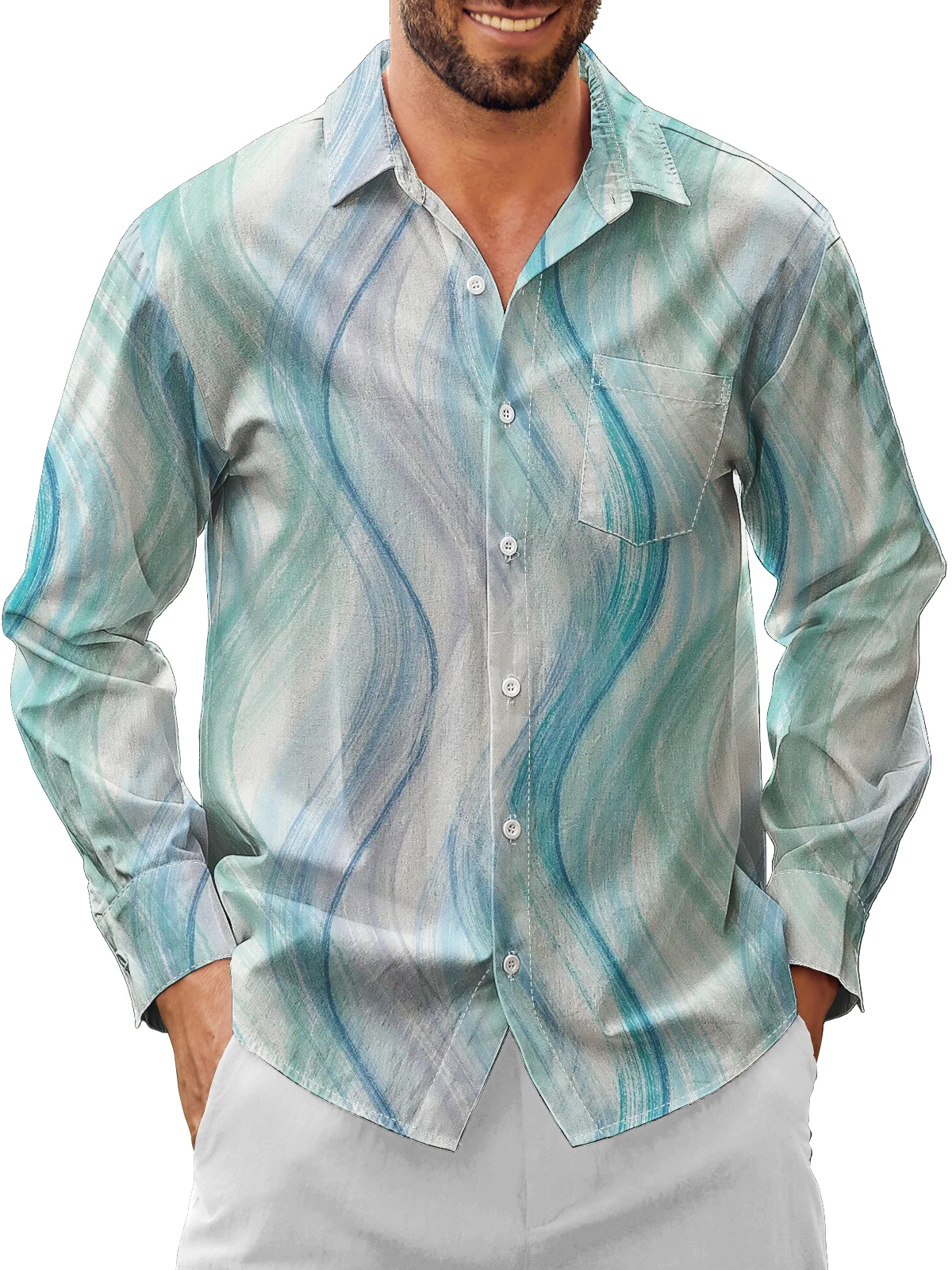Moisture Wicking Geometric Gradient Chest Pocket Long Sleeved Hawaiian Shirt