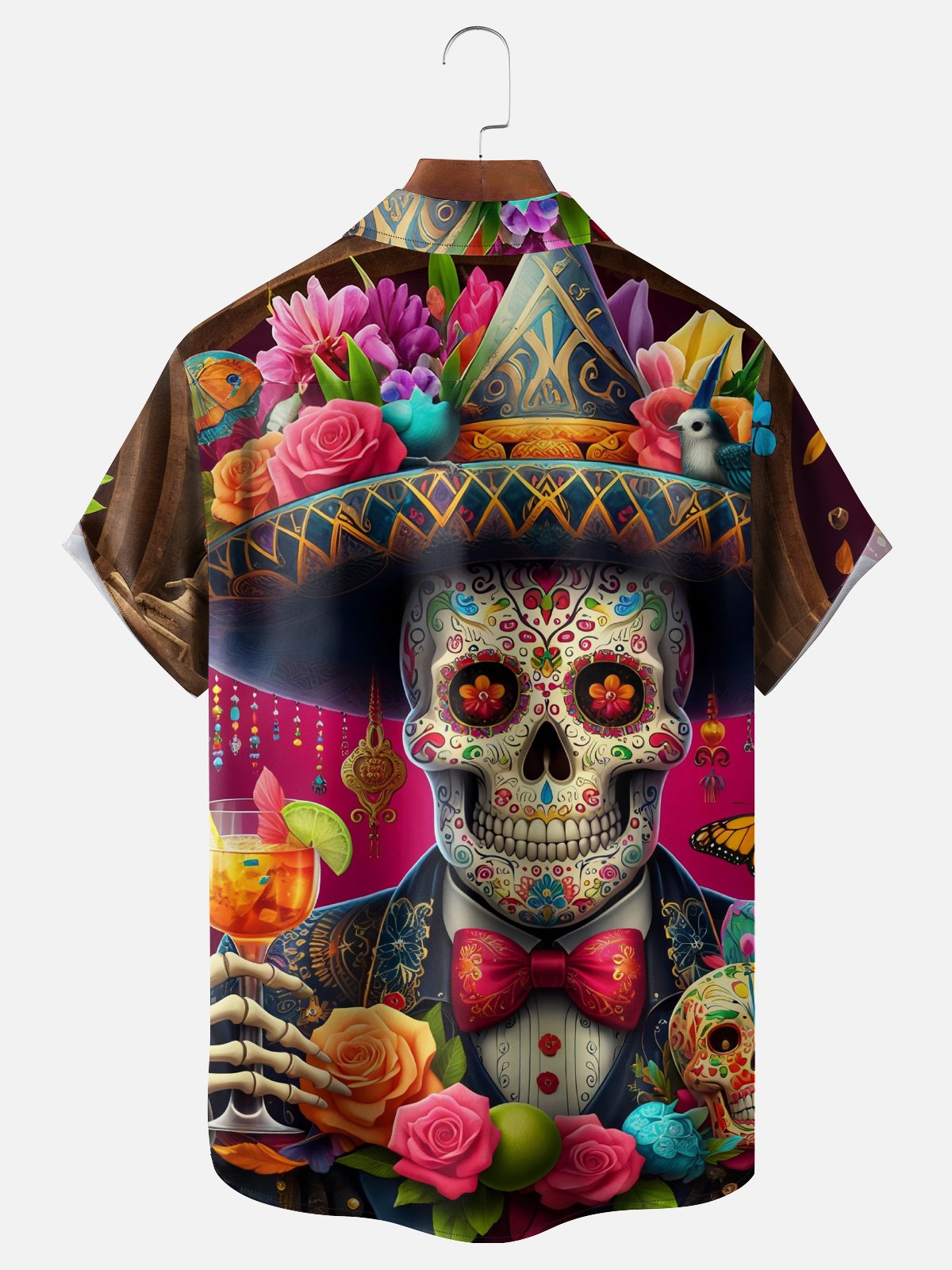 Moisture-Wicking Day Of The Dead Skull Mexican Pattern Guitar Chest Pocket Hawaiian Shirt
