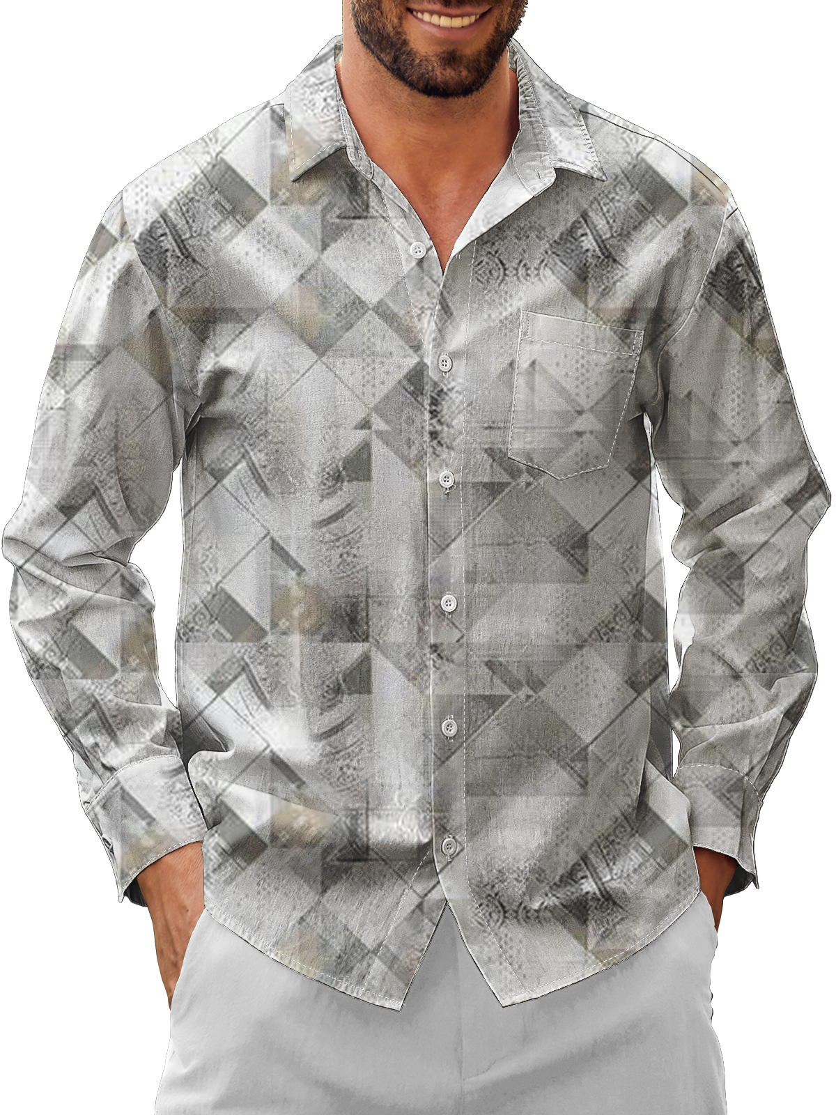 Moisture-Wicking Geometric Chest Pocket Long Sleeved Hawaiian Shirt
