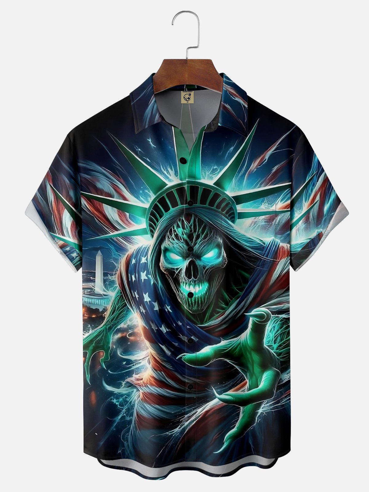 Moisture-Wicking Day of the Dead American Skull Chest Pocket Hawaiian Shirt