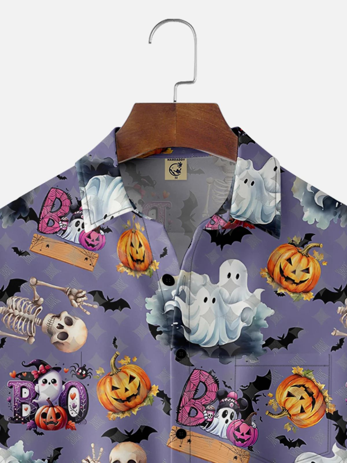 Moisture-Wicking Halloween Pumpkin Ghost Skull Chest Pocket Hawaiian Shirt