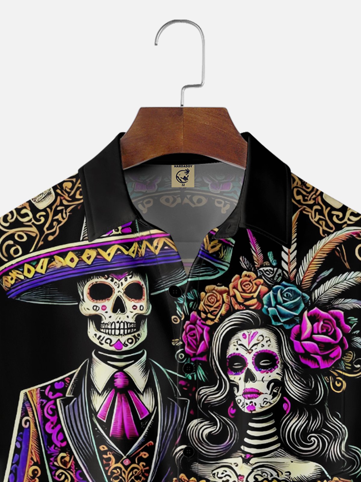 Moisture-Wicking Mexican Day Of The Dead Skull Flower Chest Pocket Hawaiian Shirt