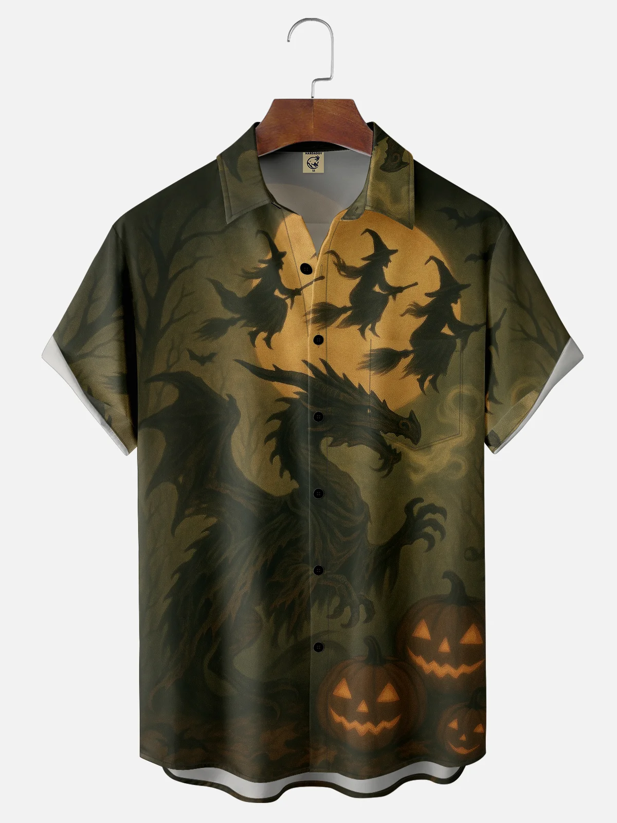 Moisture-wicking Halloween Dragon Witch Pumpkin Chest Pocket Casual Shirt