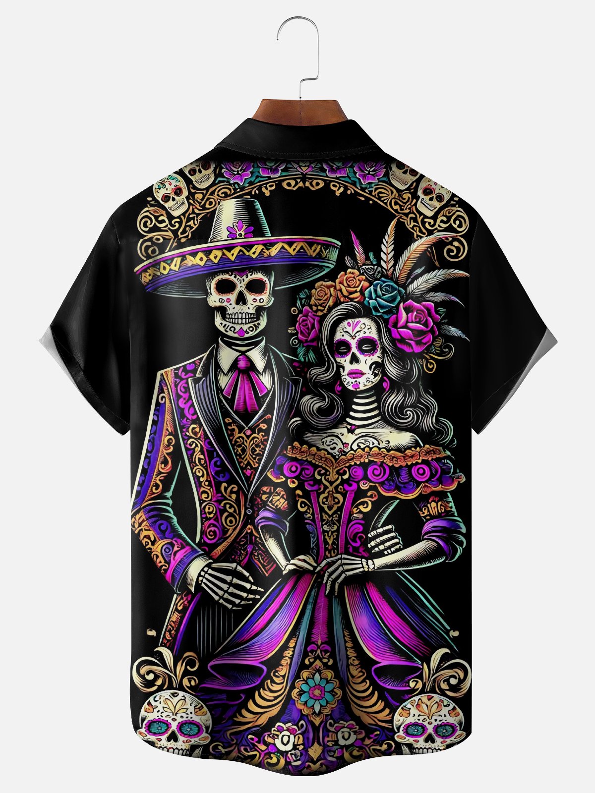 Moisture-Wicking Mexican Day Of The Dead Skull Flower Chest Pocket Hawaiian Shirt