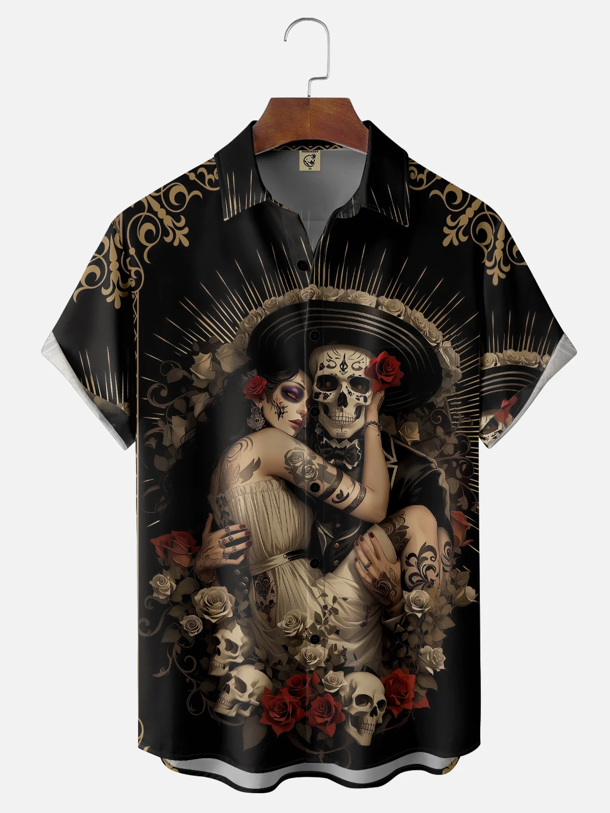 Moisture-wicking Day of the Dead Skull Rose Chest Pocket Casual Shirt