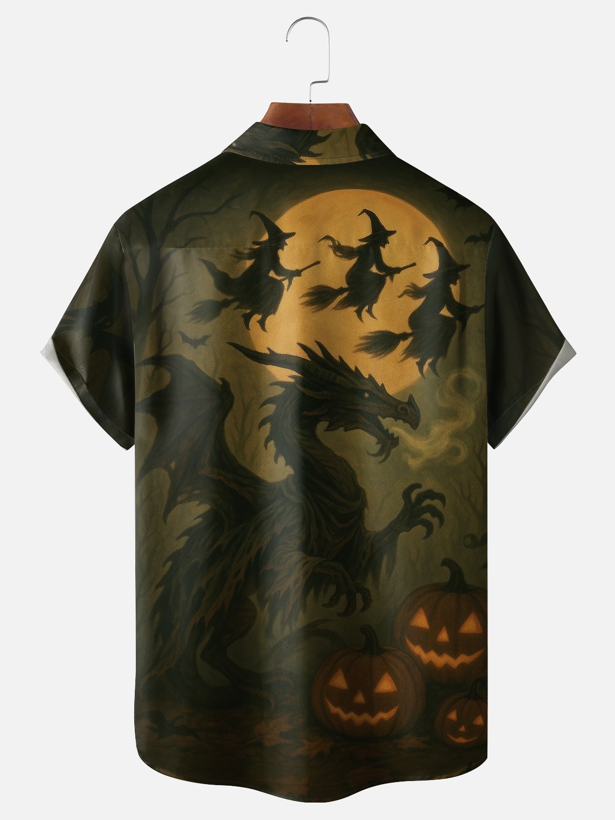 Moisture-wicking Halloween Dragon Witch Pumpkin Chest Pocket Casual Shirt