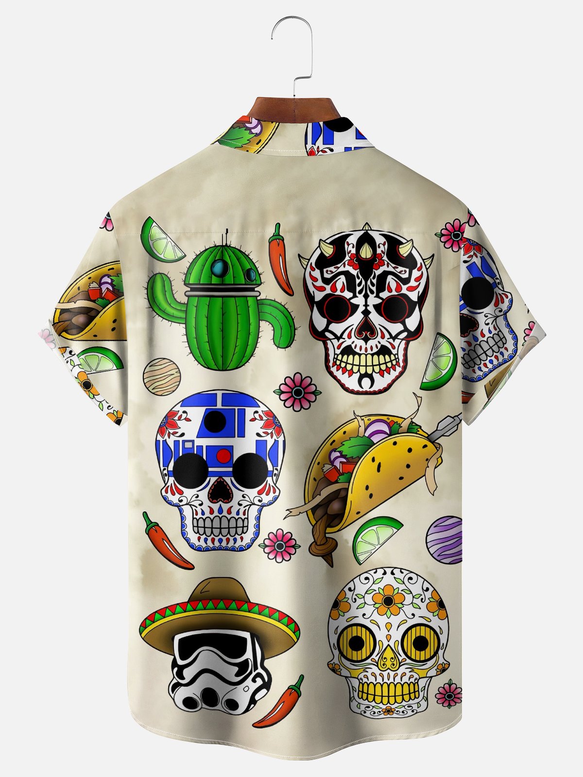 Moisture-Wicking Mexican Day Qf The Dead Skull Cactus Taco Chest Pocket Hawaiian Shirt