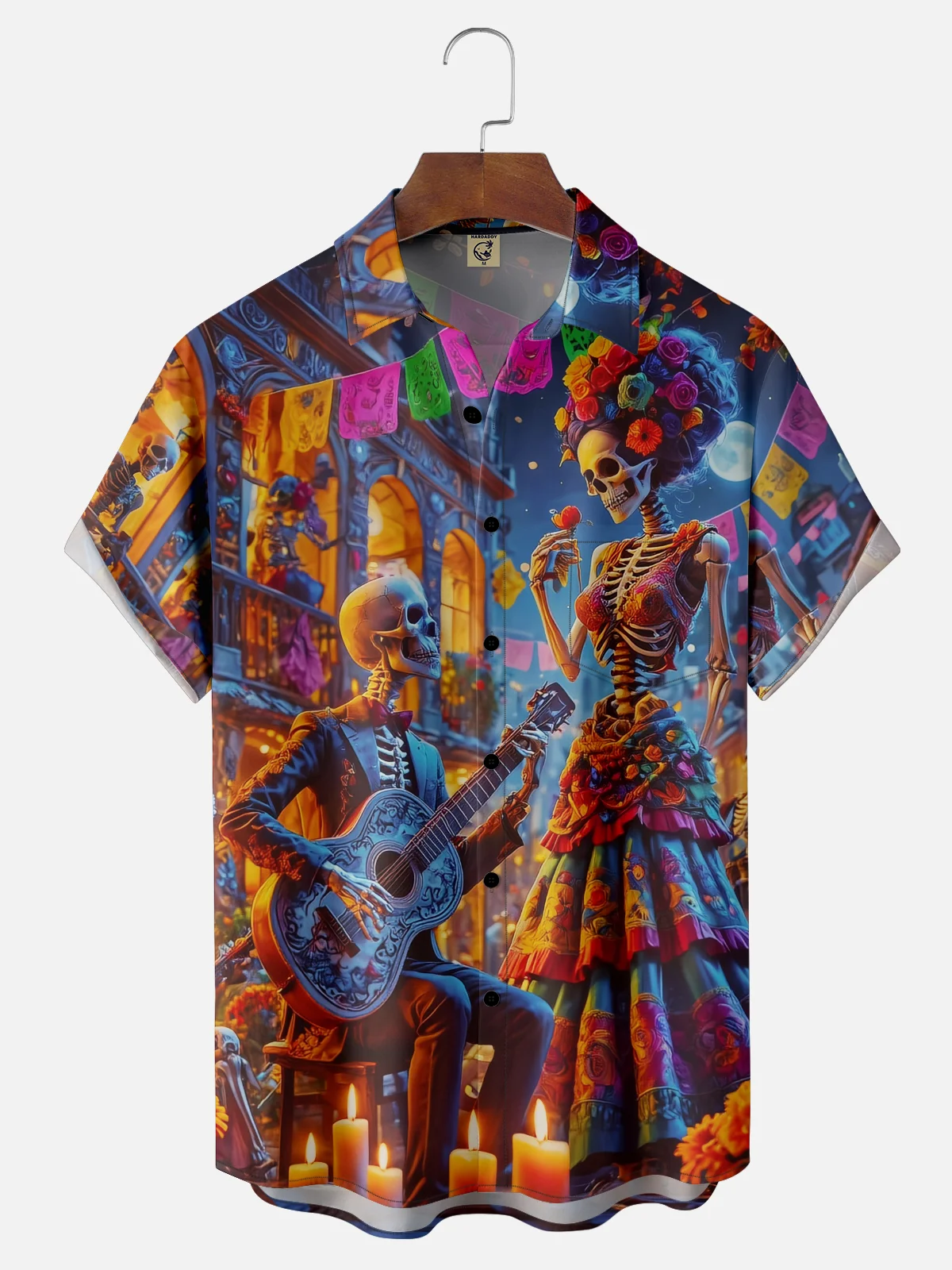 Moisture-wicking Day of the Dead Skeleton Guitar Music Chest Pocket Casual Shirt