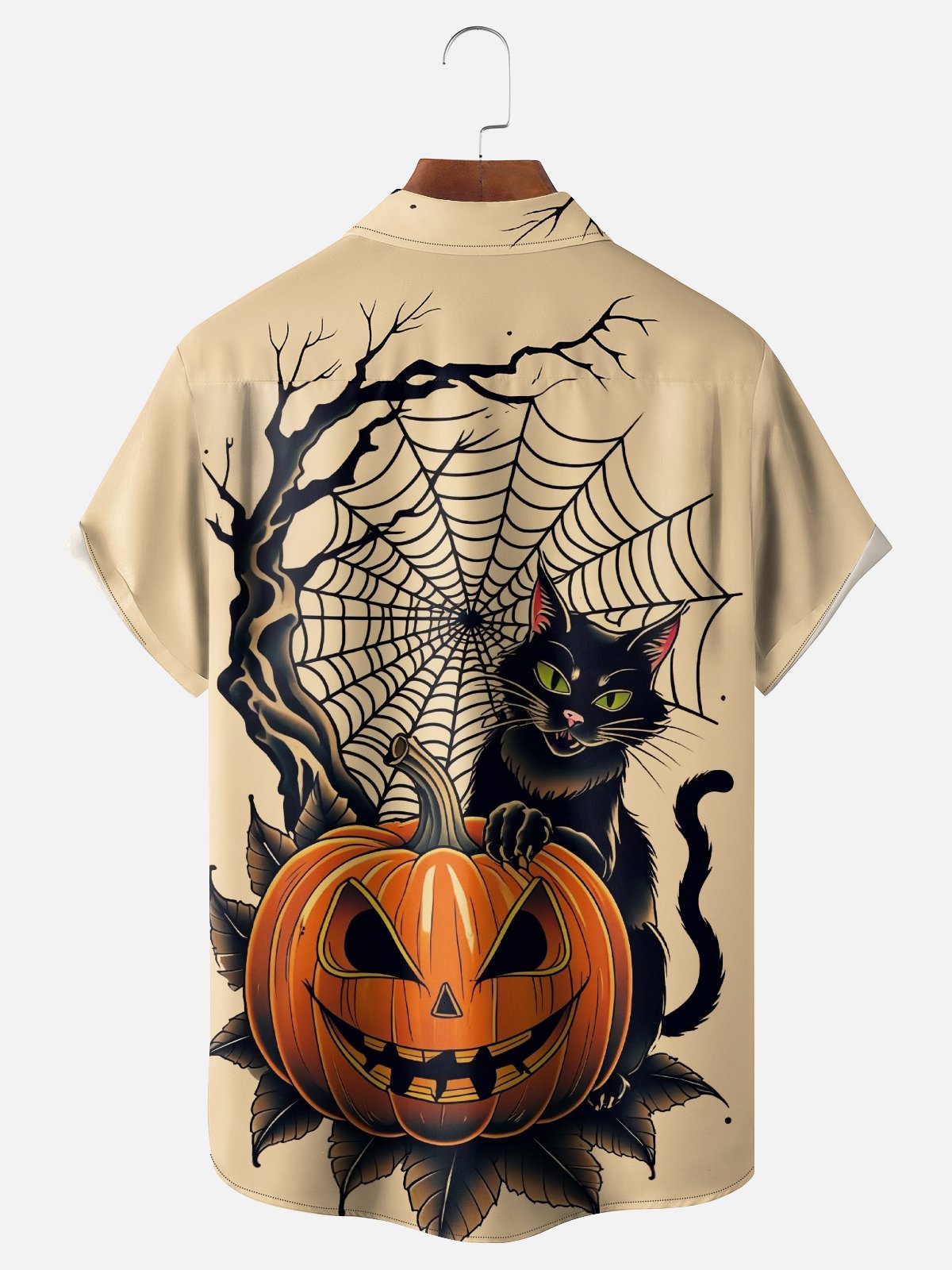 Moisture-wicking Halloween Pumpkin Black Cat Chest Pocket Casual Shirt