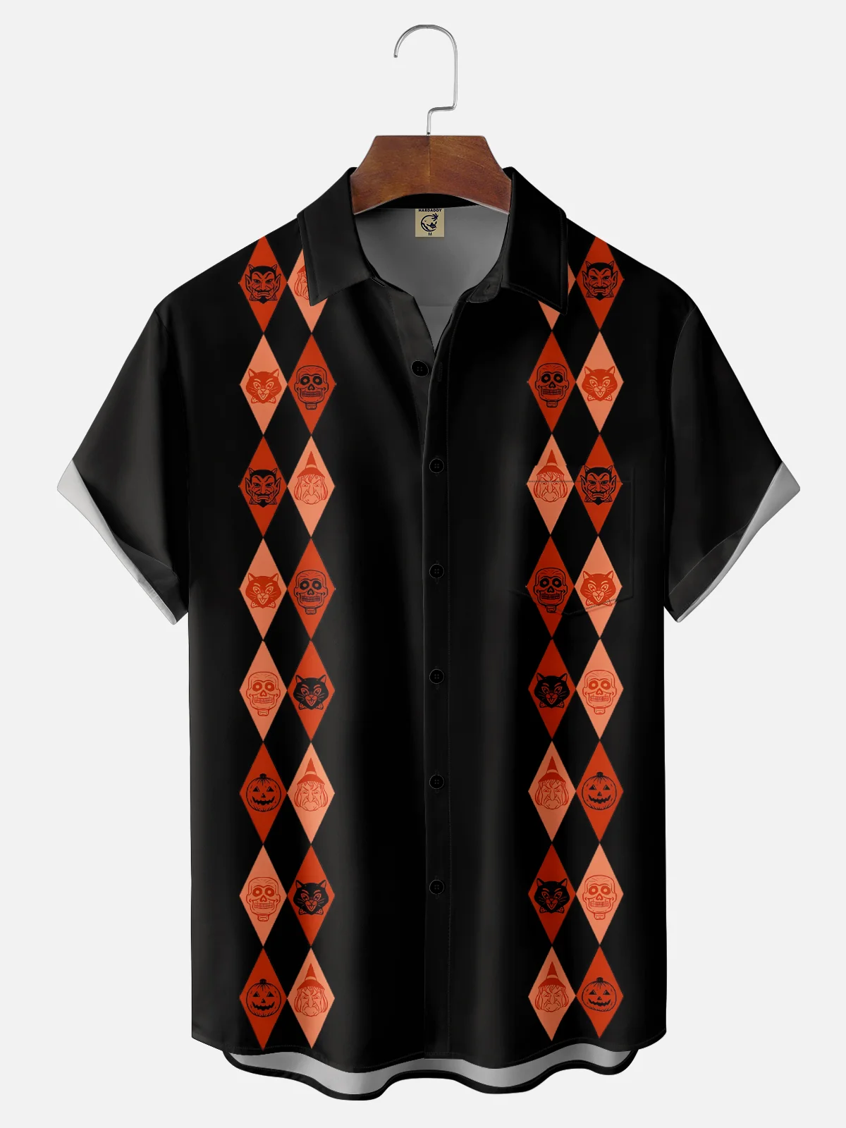 Moisture-wicking Halloween Skull Pumpkin Fun Chest Pocket Bowling Shirt