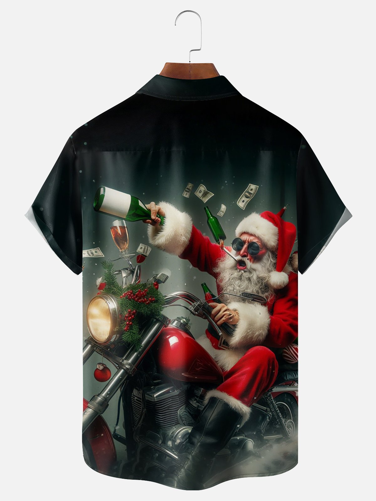 Moisture-wicking Christmas Fun Santa Motorcycle Chest Pocket Casual Shirt