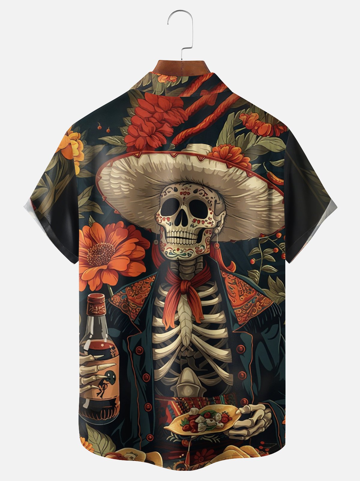 Moisture-wicking Day of the Dead Skull Floral Art Chest Pocket Casual Shirt