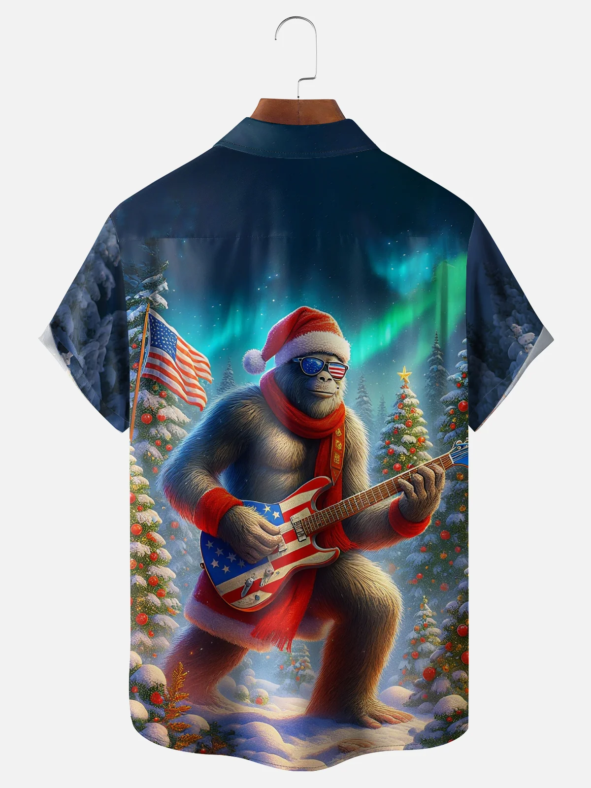 Moisture-wicking Christmas Bigfoot American Flag Christmas Tree Chest Pocket Casual Shirt