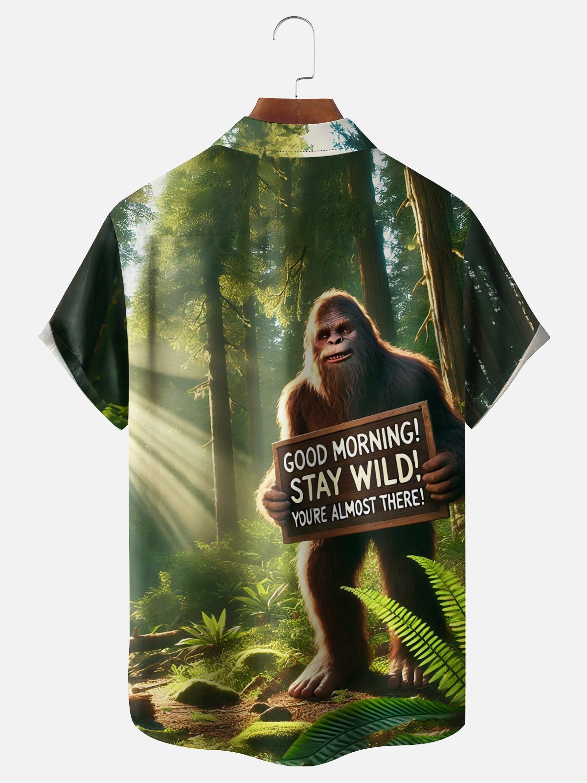 Moisture-wicking Forest Bigfoot "GOOD MORNING" Chest Pocket Casual Shirt