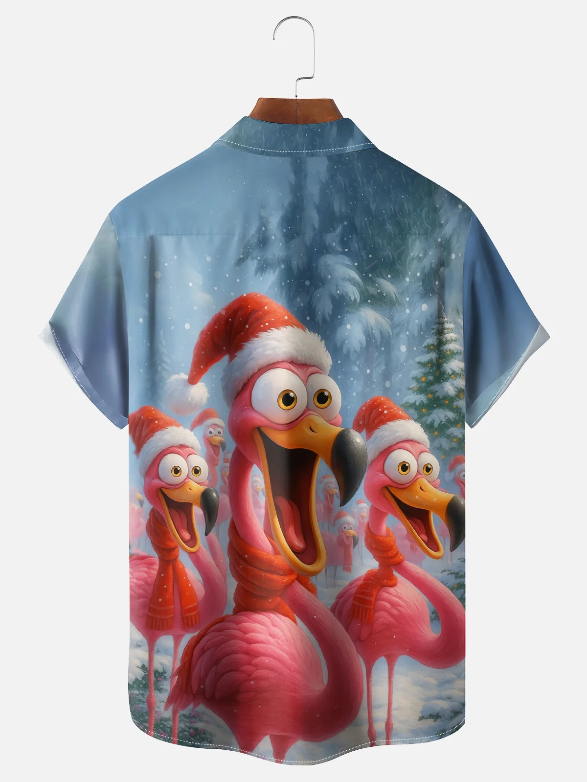 Moisture-wicking Christmas Flamingo Fun Christmas Tree Snow Scene Chest Pocket Casual Shirt