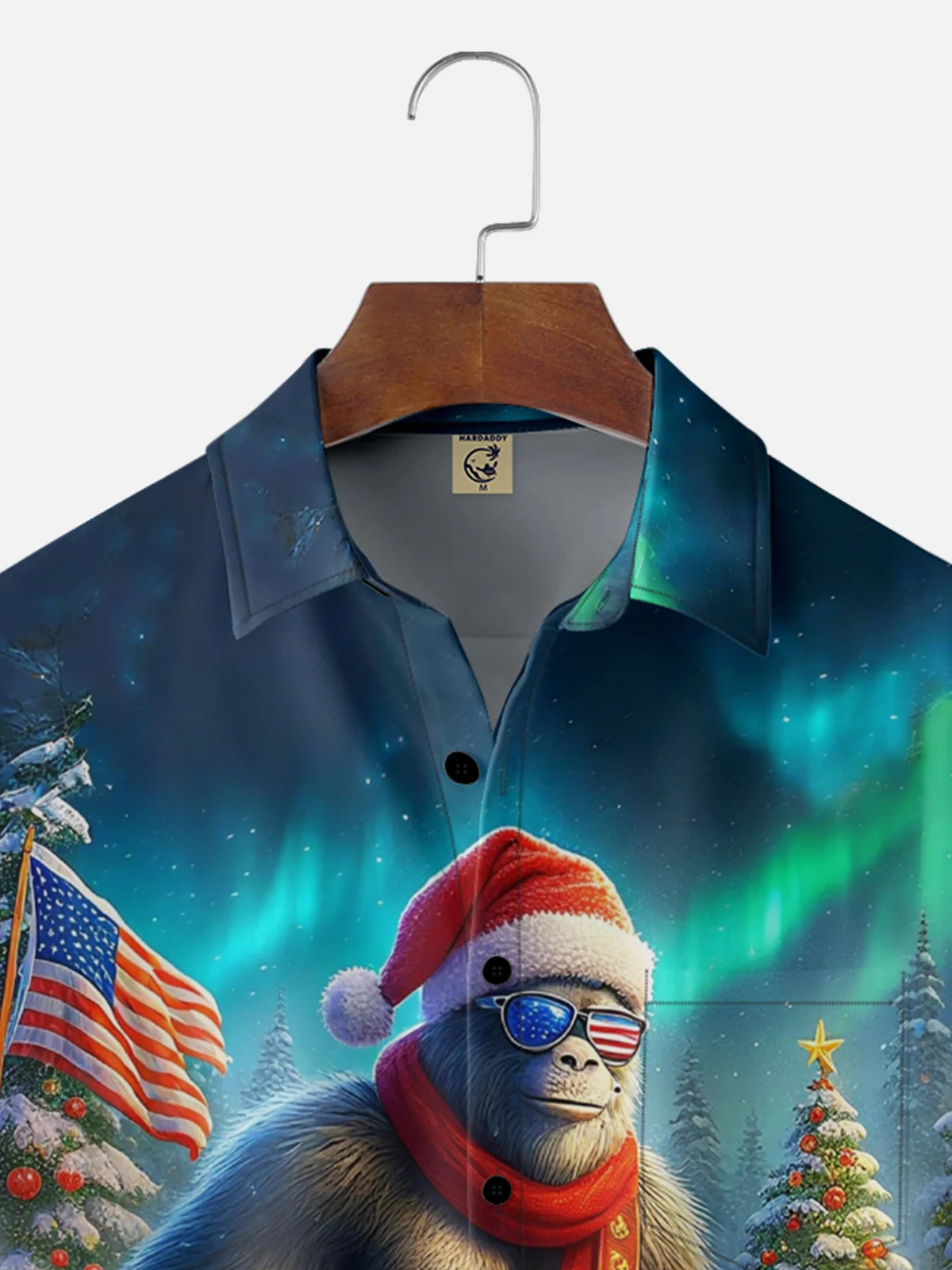 Moisture-wicking Christmas Bigfoot American Flag Christmas Tree Chest Pocket Casual Shirt
