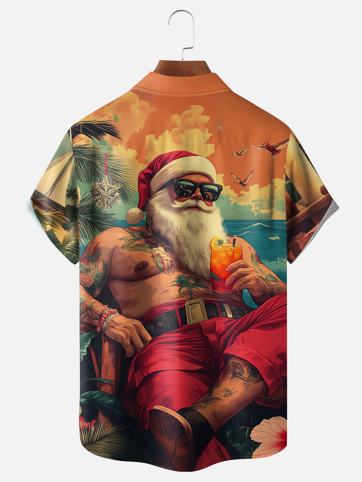 Moisture Wicking Merry Christmas Santa Beach Vacation Chest Pocket Hawaiian Shirt