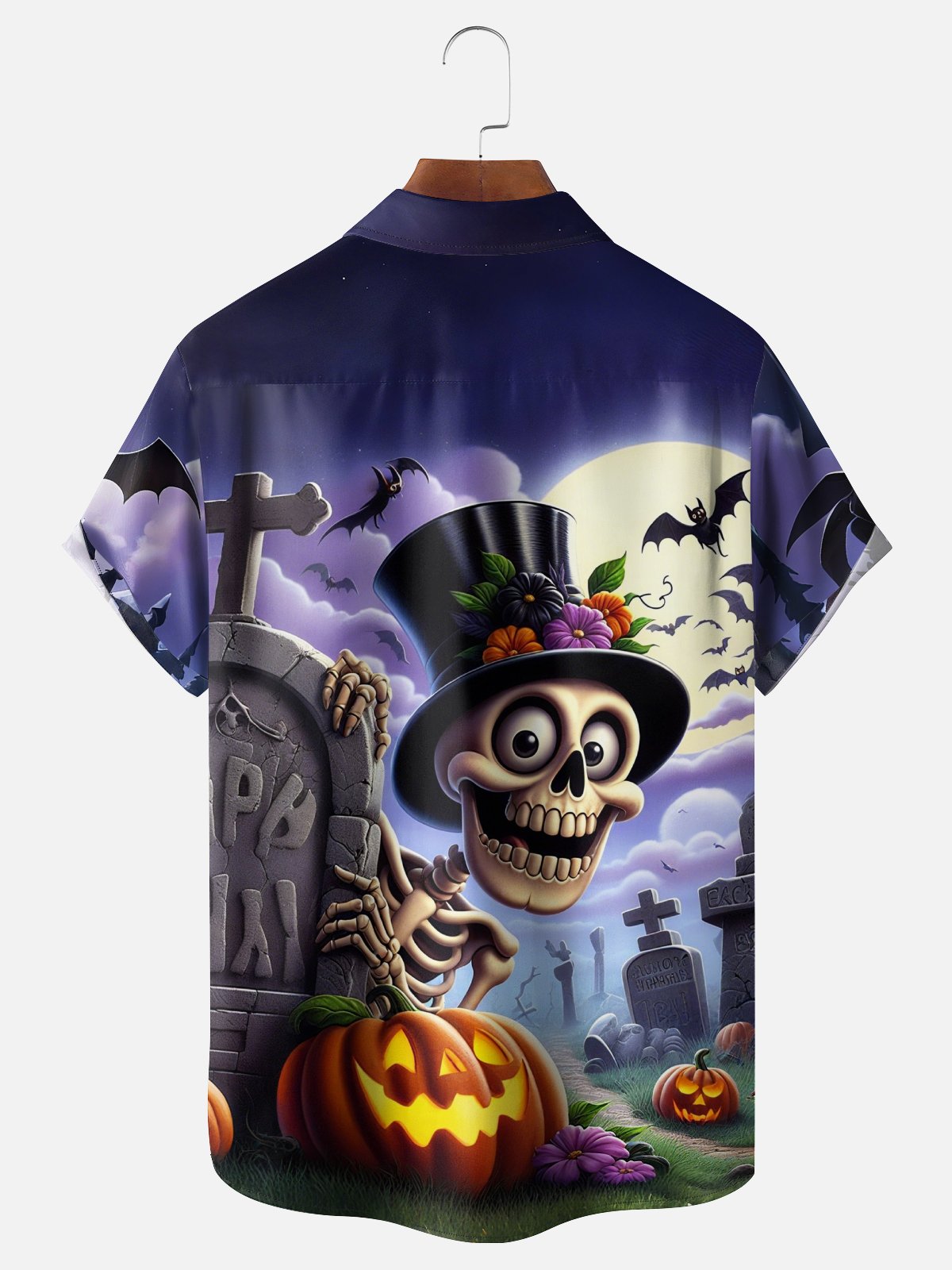 Moisture-Wicking Halloween Pumpkin Skull Chest Pocket Hawaiian Shirt