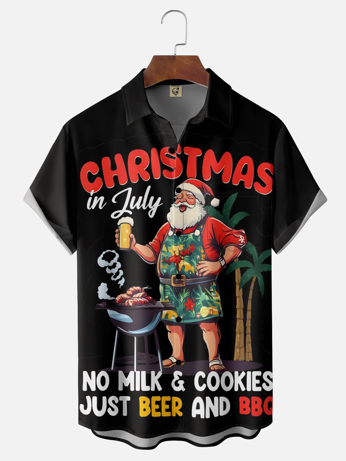 Moisture-Wicking Santa Claus BBQ Coconut Tree Lettering Chest Pocket Hawaiian Shirt