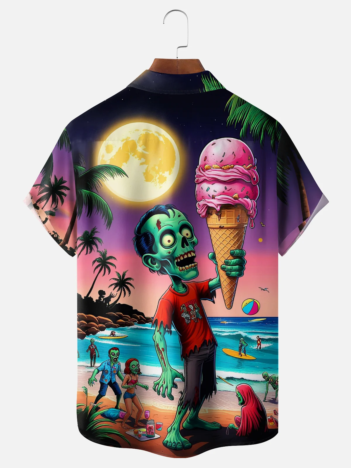 Moisture Wicking Halloween Beach Zombie Chest Pocket Hawaiian Shirt
