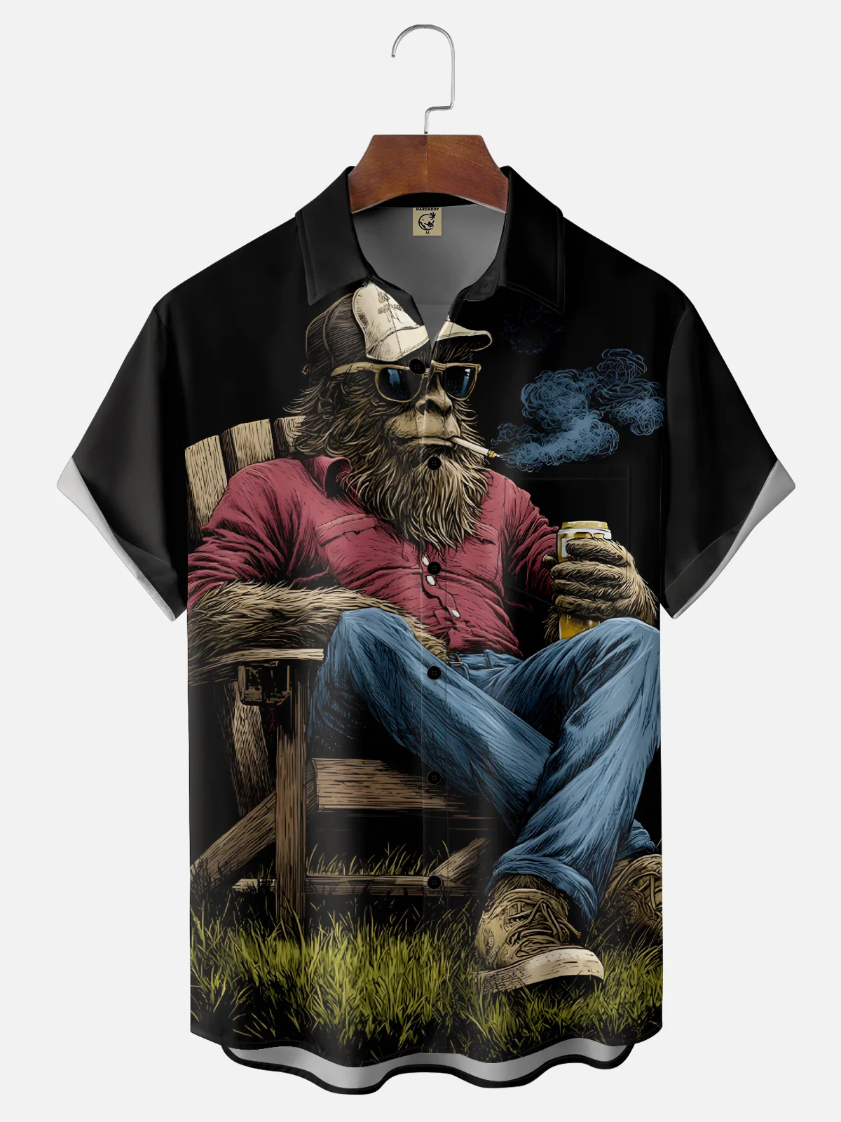 Moisture-Wicking Camping Bigfoot Chest Pocket Hawaiian Shirt