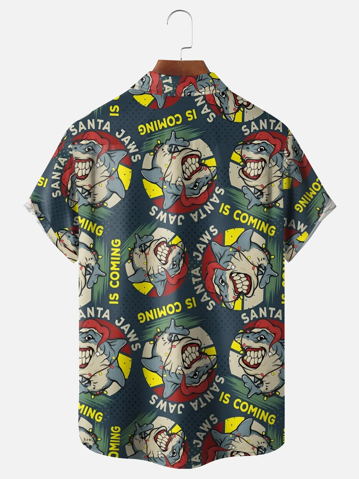 Moisture-Wicking Christmas Shark With Colorful Lights And Lettering Chest Pocket Hawaiian Shirt
