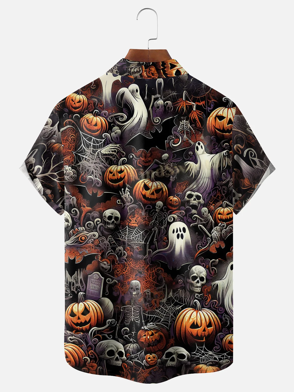 Moisture Wicking Halloween Pumpkin Ghost Chest Pocket Hawaiian Shirt