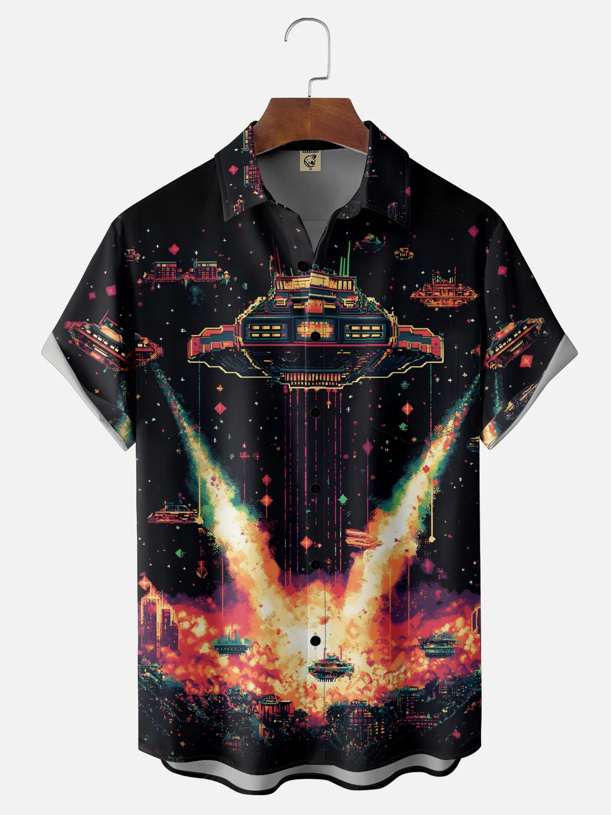 Moisture-Wicking Classic Arcade Space Invaders Clash of Bess Boss Chest Pocket Hawaiian Shirt