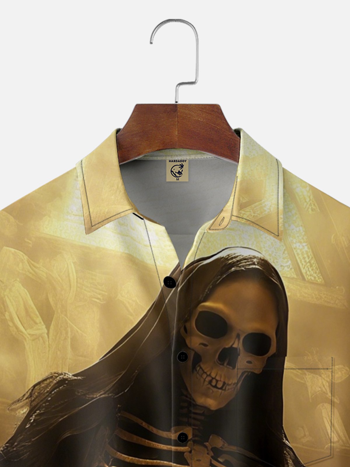 Moisture Wicking Day of the Dead Guitar Skull Chest Pocket Hawaiian Shirt