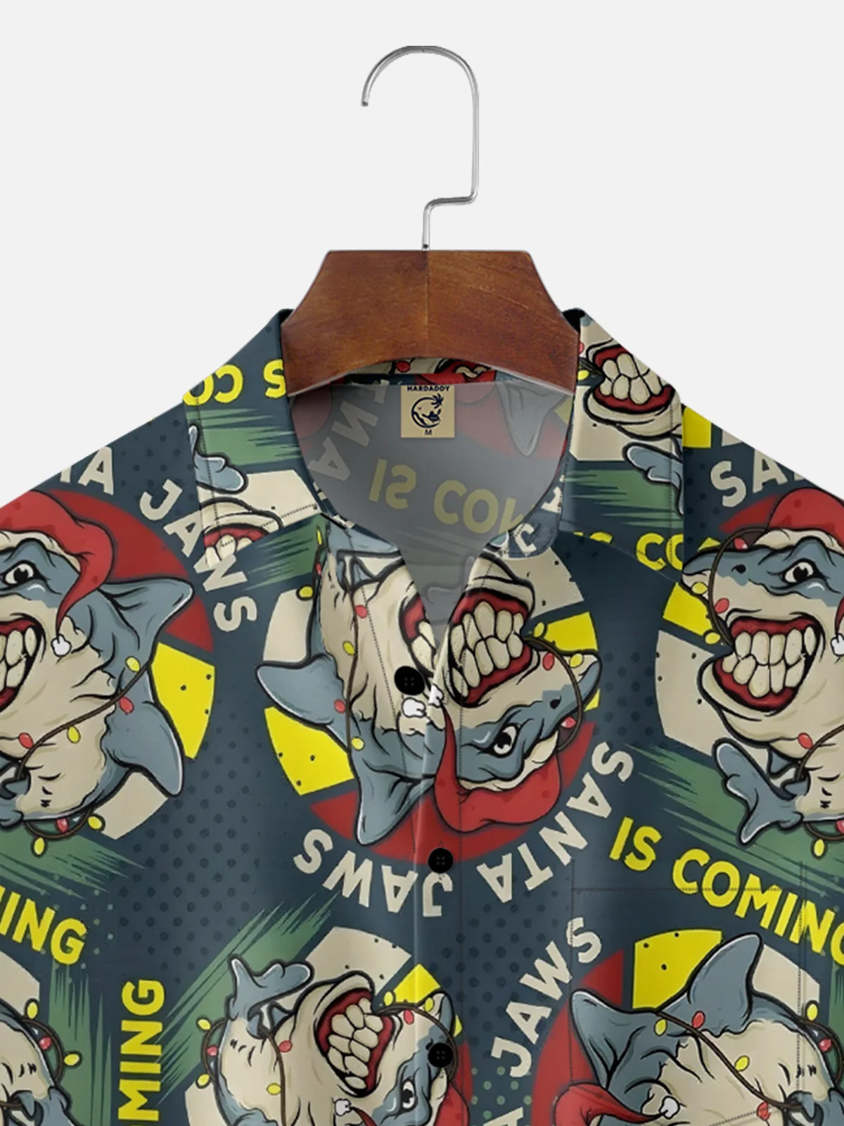 Moisture-Wicking Christmas Shark With Colorful Lights And Lettering Chest Pocket Hawaiian Shirt
