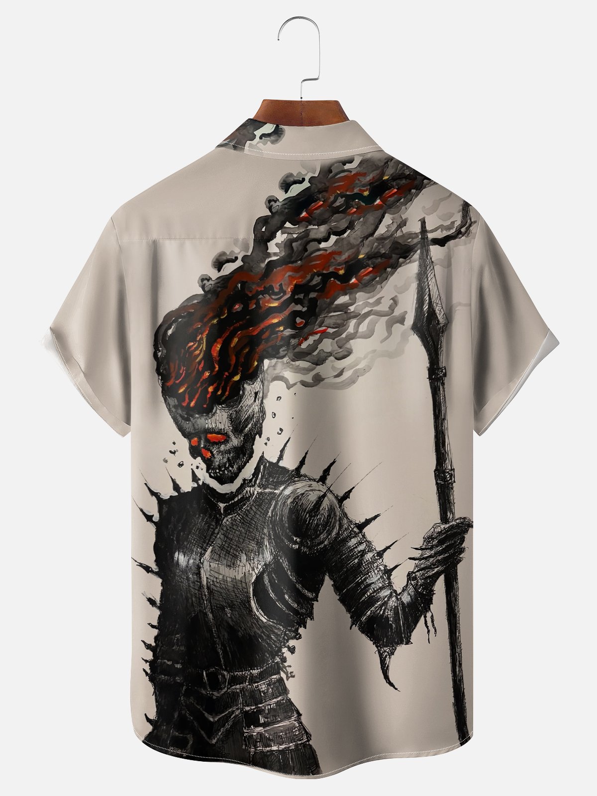 Moisture-wicking Art Flame Skull Knight Chest Pocket Casual Shirt