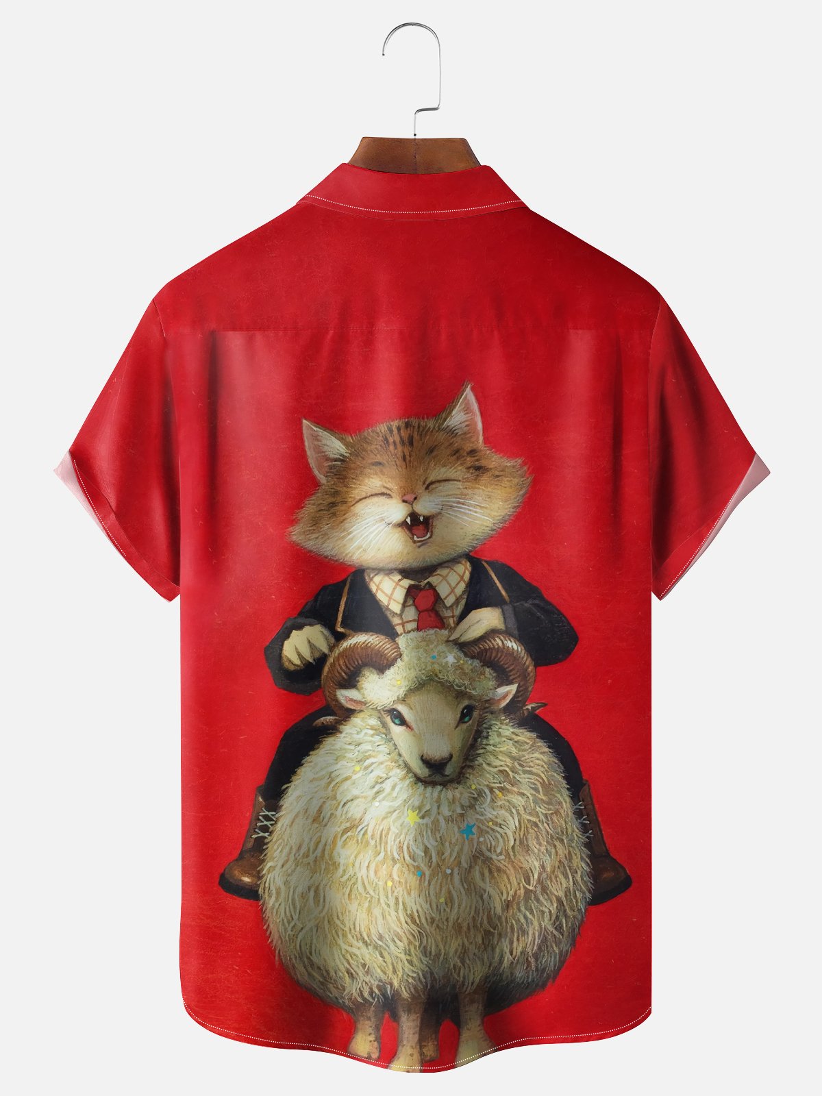 Moisture-wicking Artistic Cat Riding Sheep Chest Pocket Casual Shirt