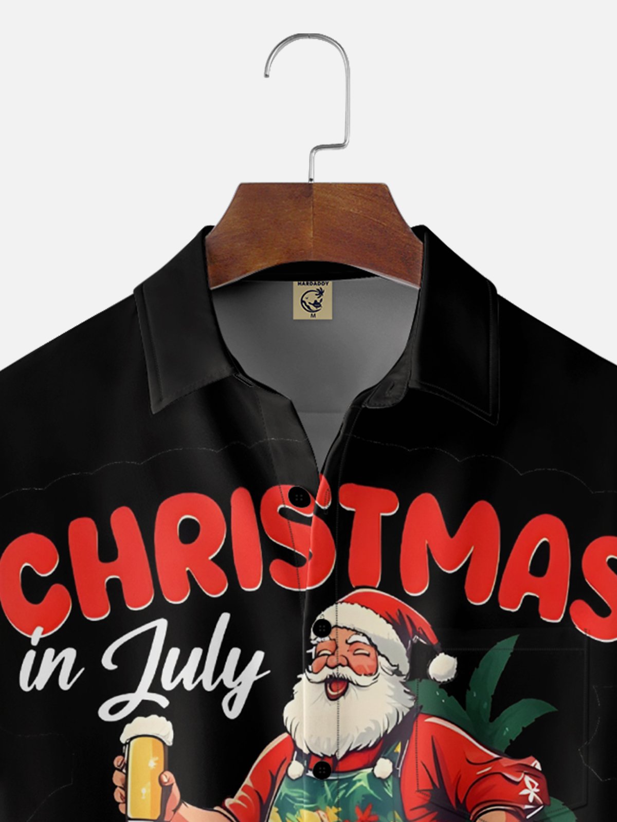 Moisture-Wicking Santa Claus BBQ Coconut Tree Lettering Chest Pocket Hawaiian Shirt